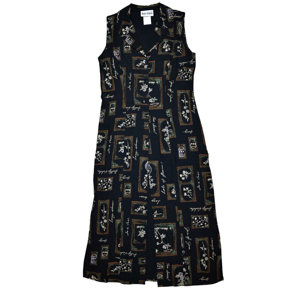90s Vintage Maxi Duster Tank Top Medium Black Botanical Floral Print Whimsigoth